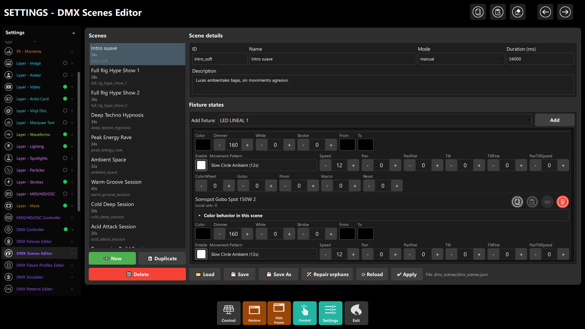 Scenes Editor - Moving Head Channels