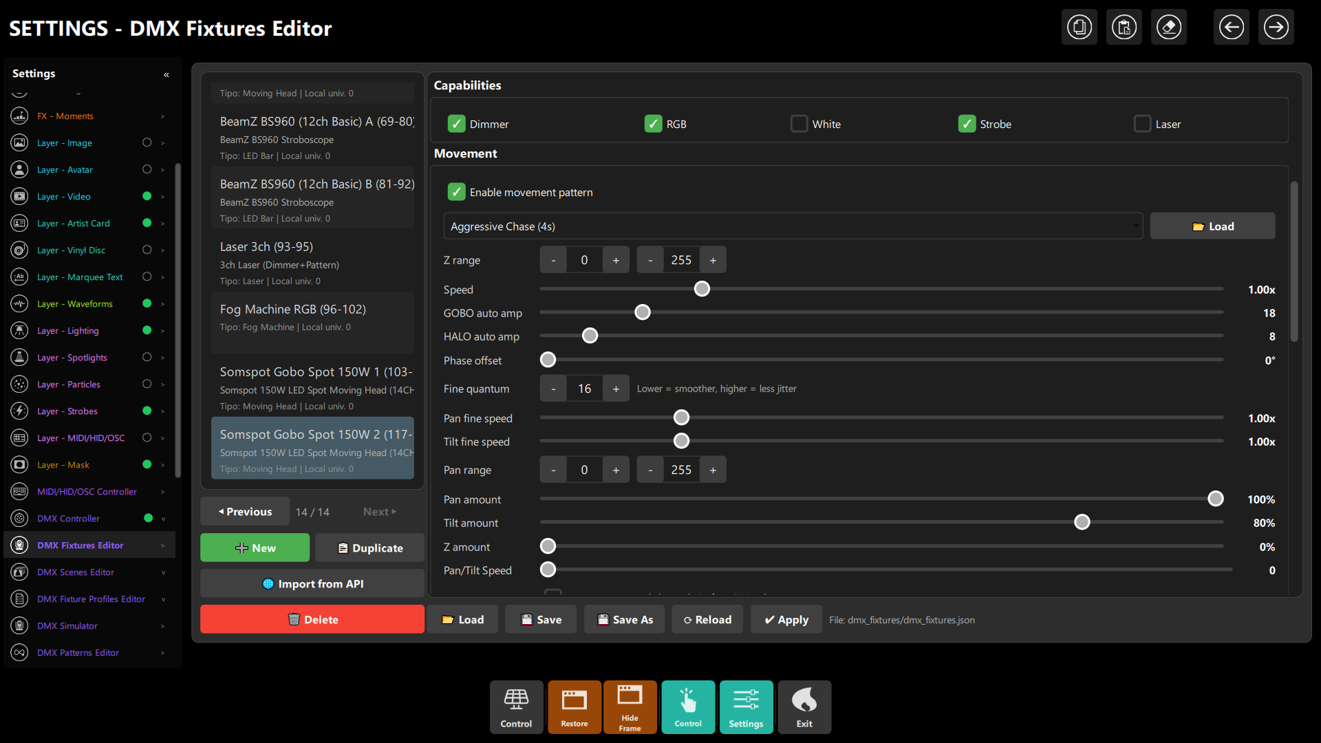 Fixtures Editor - Movement Parameters