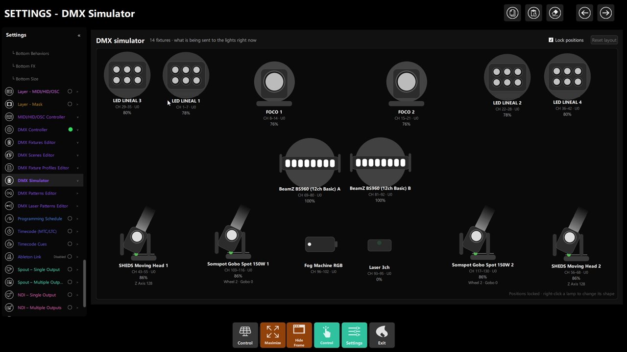 Live simulator with the example rig