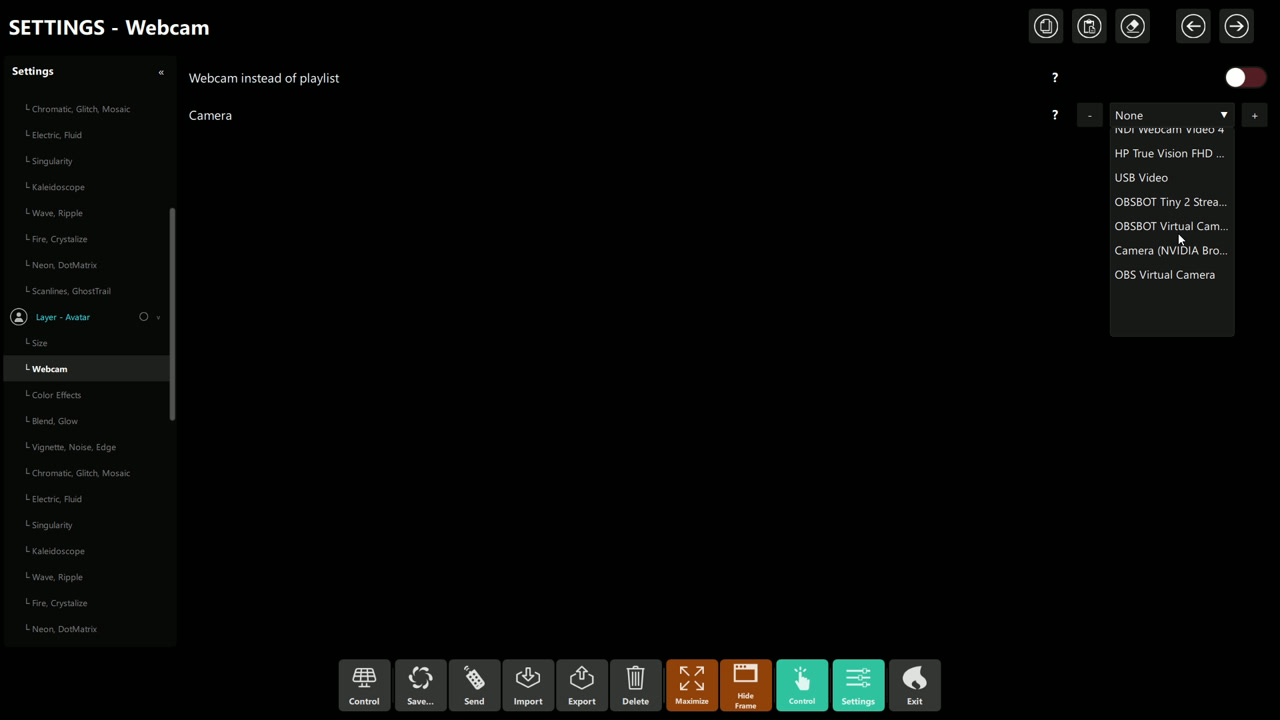 Avatar webcam settings