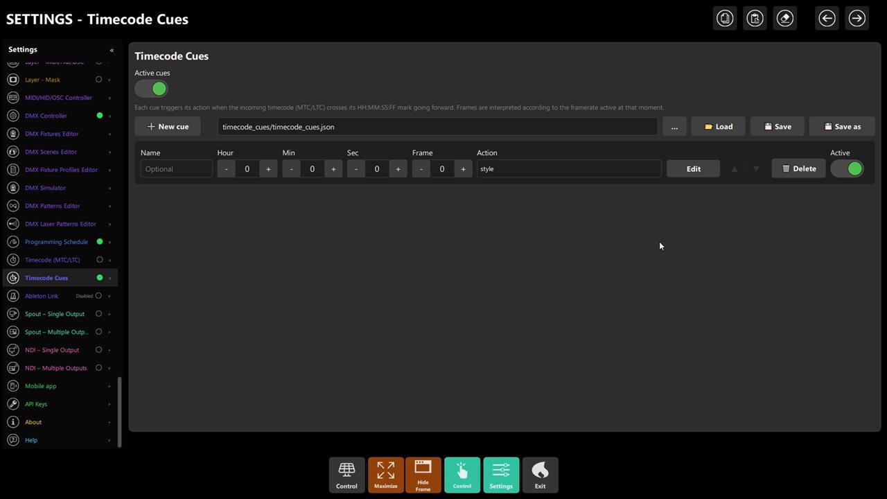 Timecode cues editor