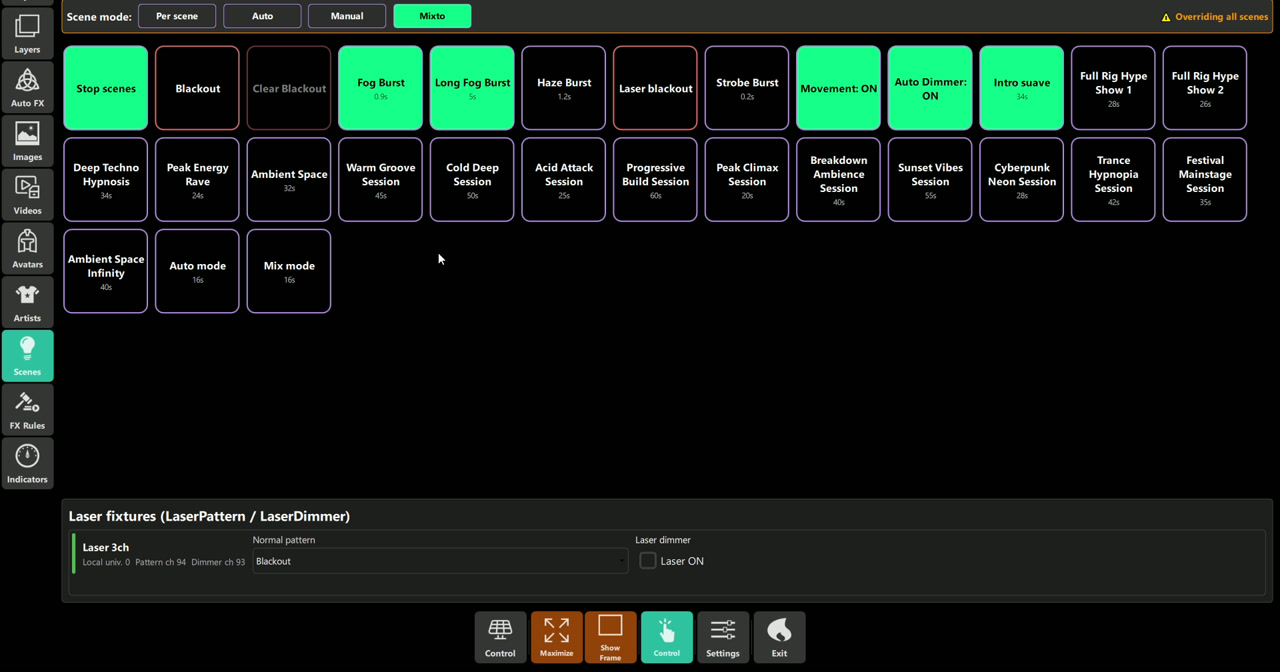 Scenes grid with scene modes and timed actions