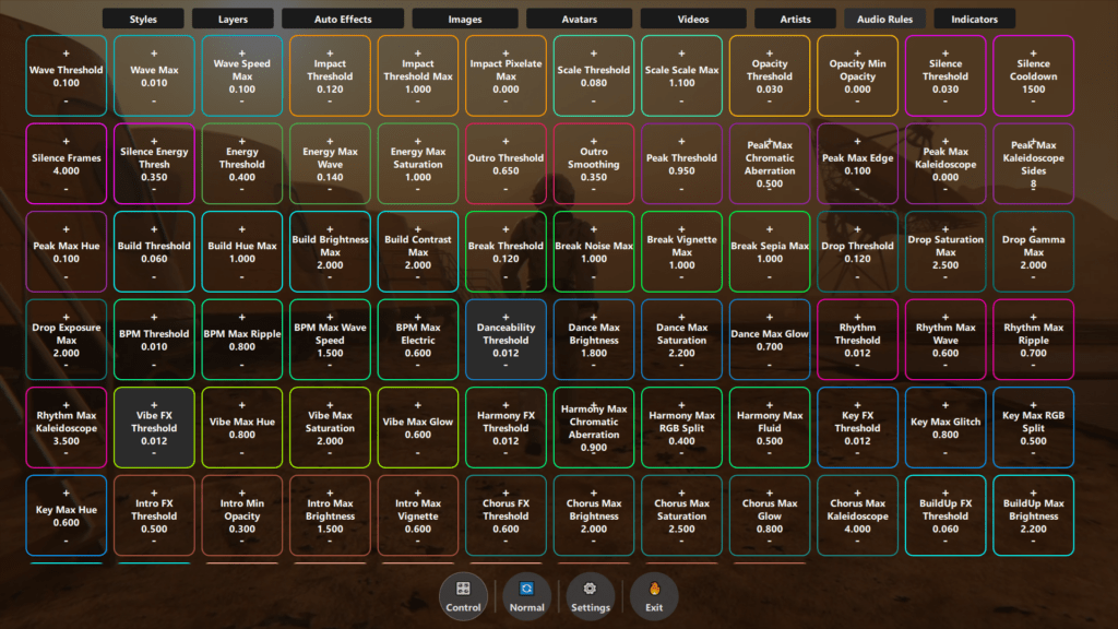 DJMirror Pulse complete audio rules configuration panel - 80+ parameters for automatic DJ visual effects
