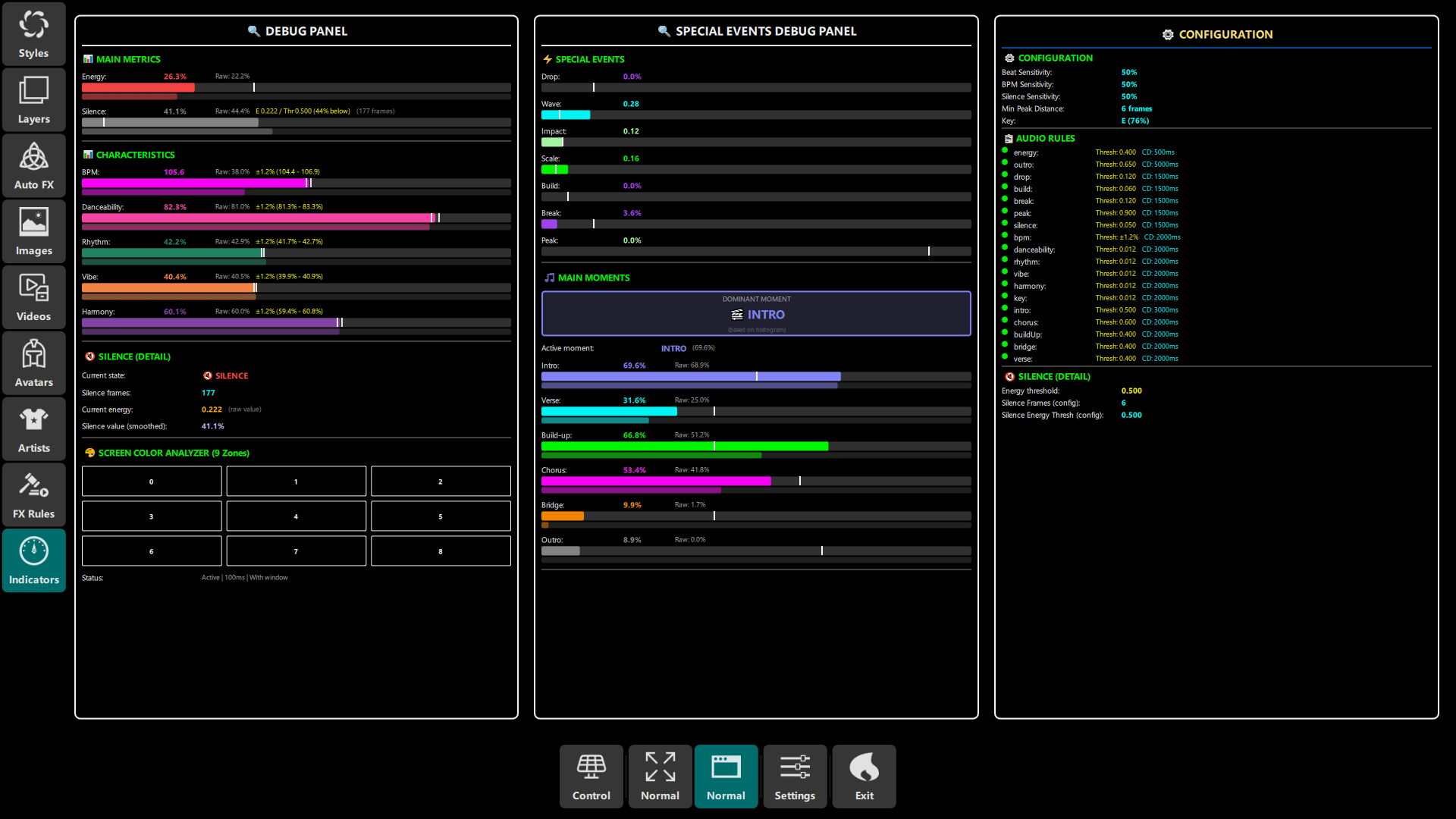Advanced Audio Rules Engine 80+ configurable parameters for automated visual effects triggered by audio analysis, including beat detection, key changes, and musical moments.