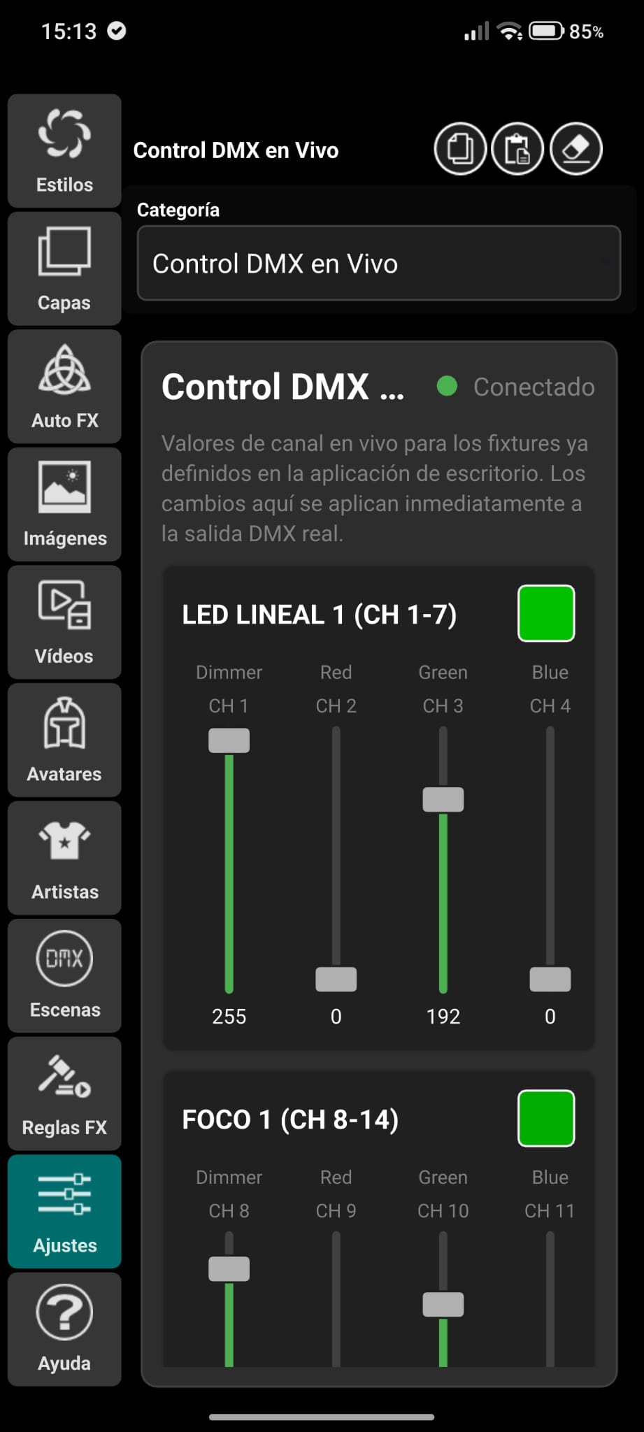 DjMirror Pulse mobile app: live DMX control with per-fixture channel sliders
