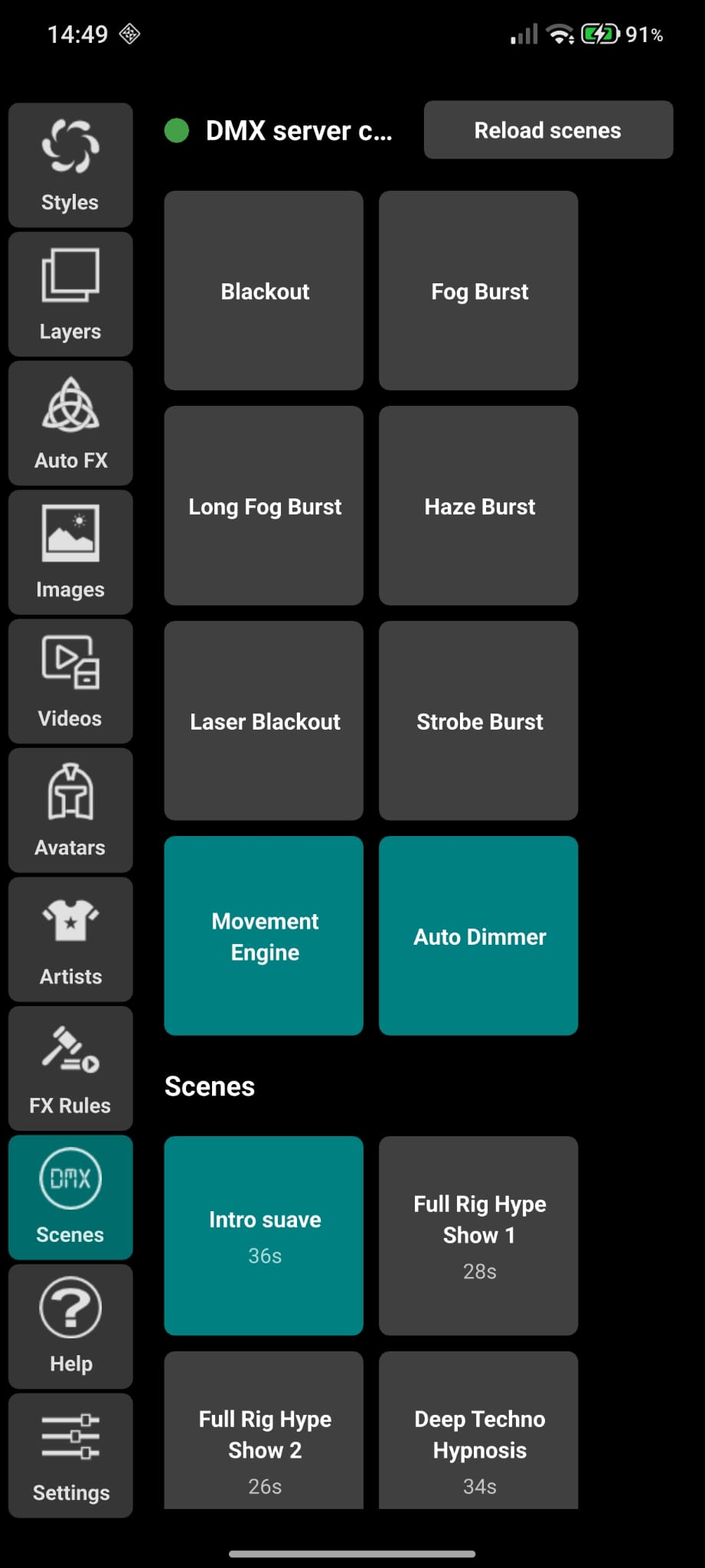 DjMirror Pulse mobile app: DMX scenes grid on a phone
