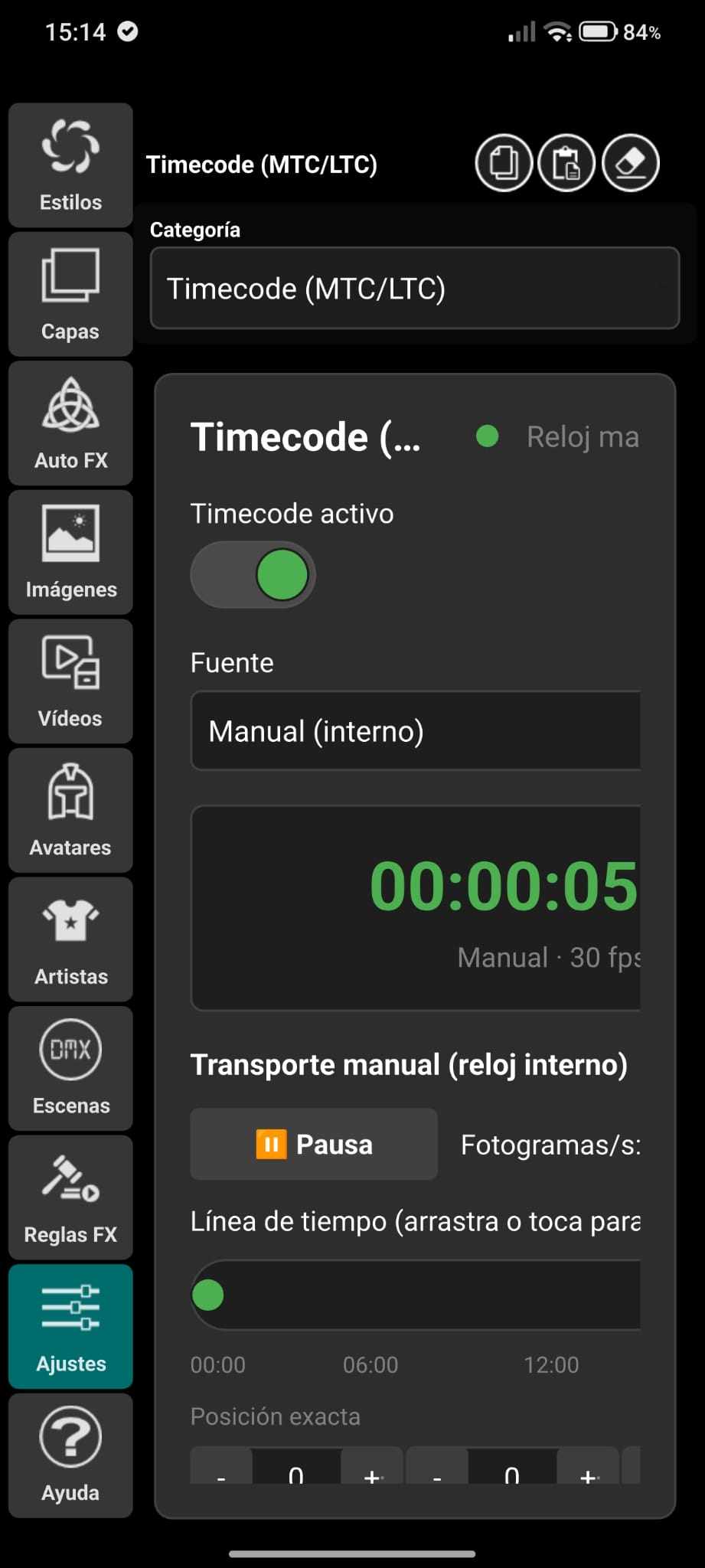 DjMirror Pulse mobile app: Timecode running in Manual source mode with internal clock and transport controls