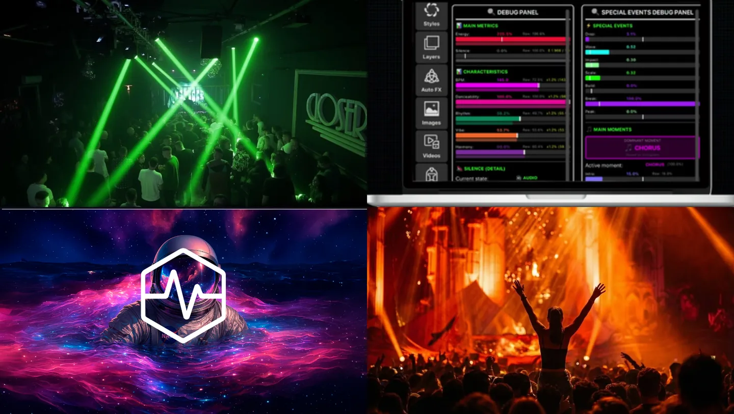 DjMirror Pulse output: one DJ logo on four audio-reactive visual styles