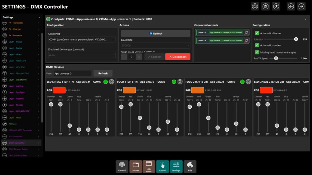 DjMirror Pulse DMX Controller panel showing two DMX universes assigned to COM6 and COM4, four fixtures live with RGB channels and dimmer