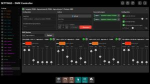 DjMirror Pulse DMX Controller panel showing two DMX universes assigned to COM6 and COM4, four fixtures live with RGB channels and dimmer