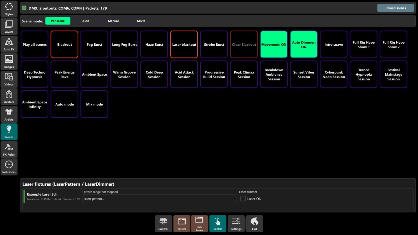 DjMirror Pulse scenes panel with the new Per scene / Auto / Manual / Mixto mode selector and manual Fog Burst, Blackout, Movement and Auto Dimmer triggers