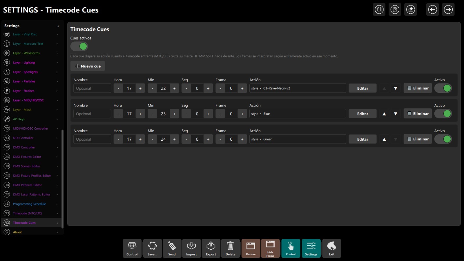 Timecode Cues editor in DjMirror Pulse: three cues switching style at exact HH:MM:SS:FF marks