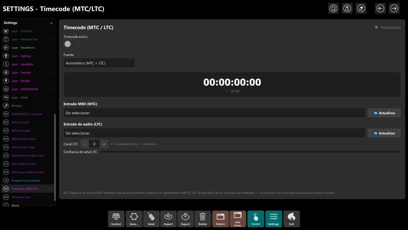 DjMirror Pulse Timecode settings screen: MTC and LTC support with MIDI and audio input pickers