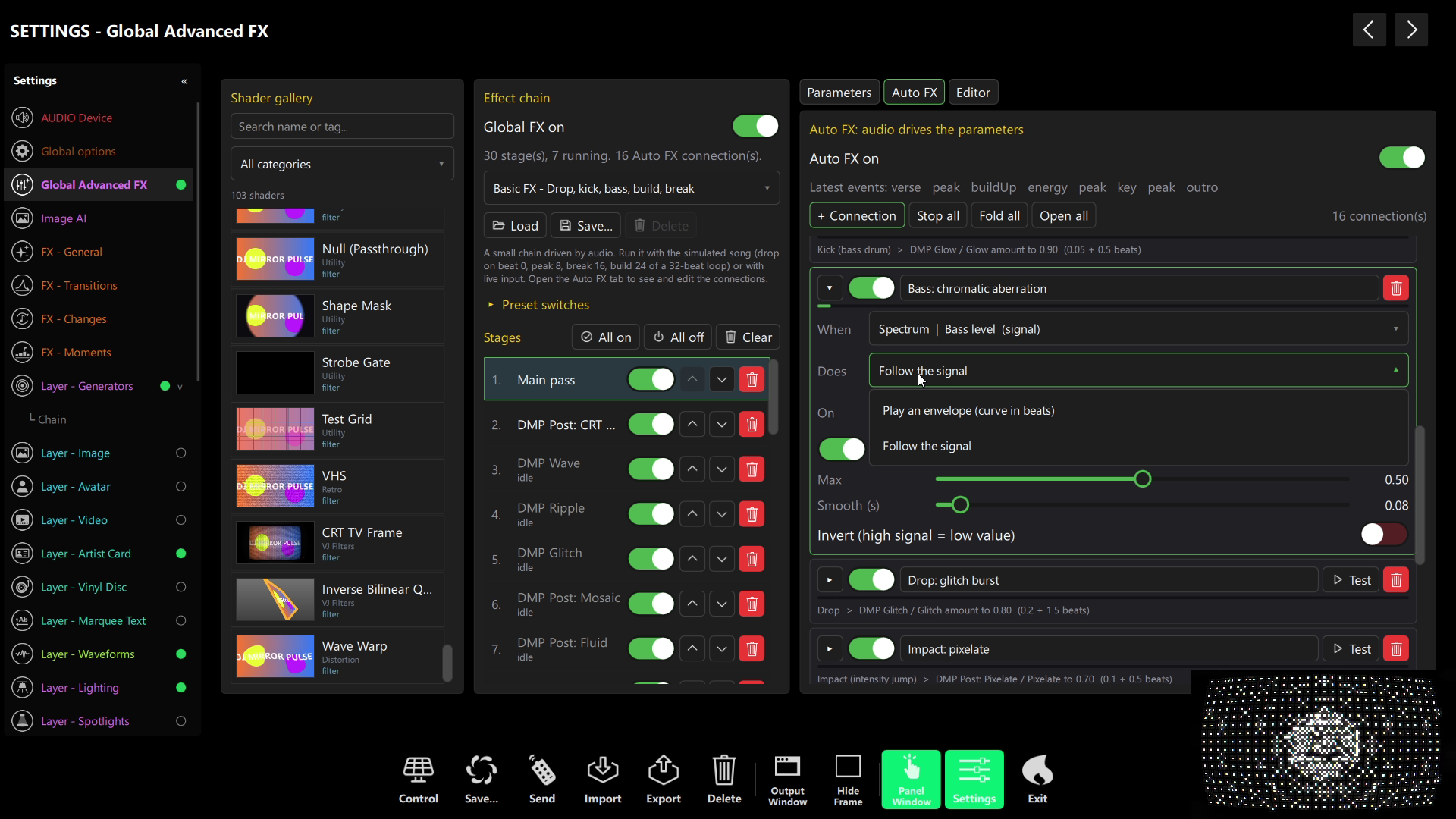 Auto FX connection in DjMirror Pulse — choose a signal and make the shader follow it or play a beat-length envelope