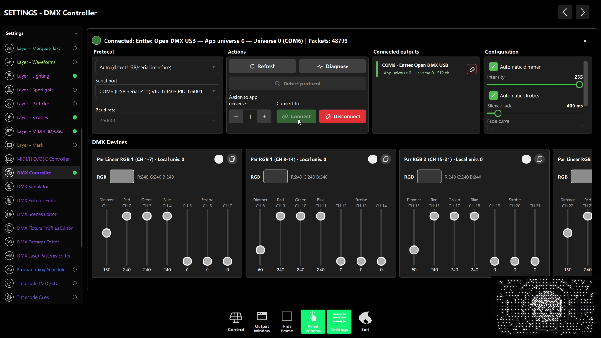 DMX Controller in DjMirror Pulse connected to an ENTTEC Open DMX USB, with the new Diagnose button