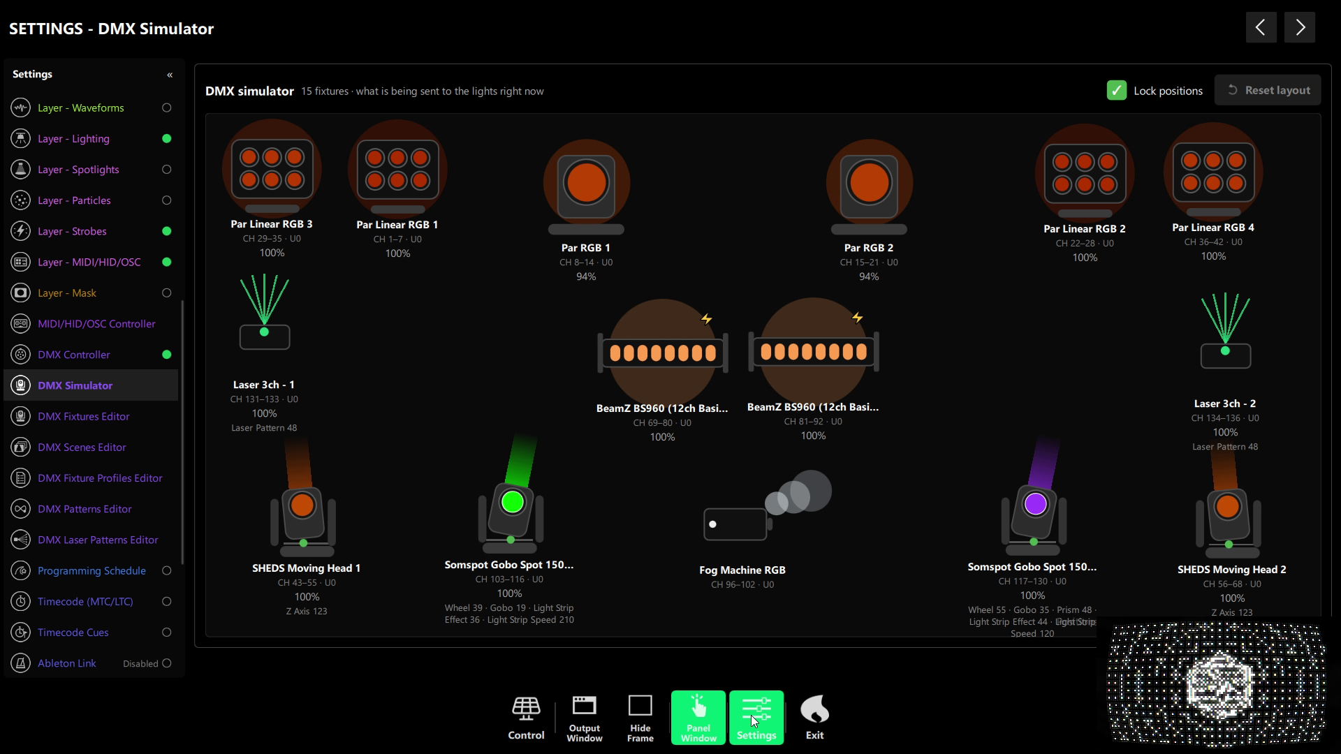 DMX Simulator in DjMirror Pulse — two lasers, moving heads, LED bars and light strips painted from live DMX data