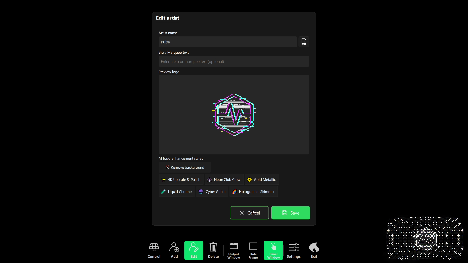 Edit artist dialog in DjMirror Pulse with AI logo enhancement styles such as Neon Club Glow and Gold Metallic