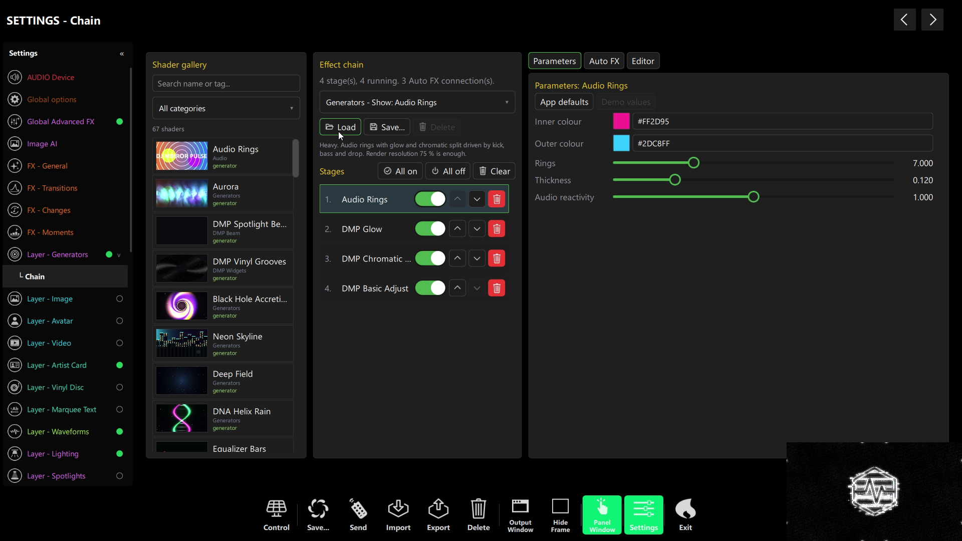 Layer - Generators in DjMirror Pulse — Audio Rings generator with glow, chromatic and colour filters and a Show preset