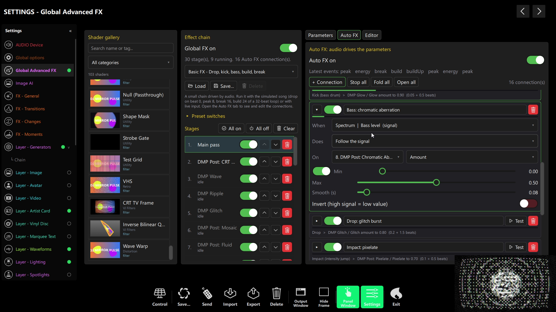 Auto FX designer in DjMirror Pulse — the bass level drives a chromatic aberration shader in time with the music
