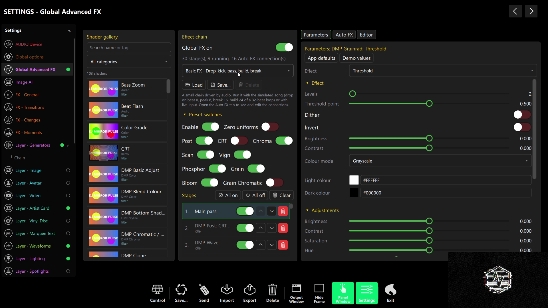 Global Advanced FX in DjMirror Pulse 1.0.748 — shader gallery, effect chain and parameters in one window