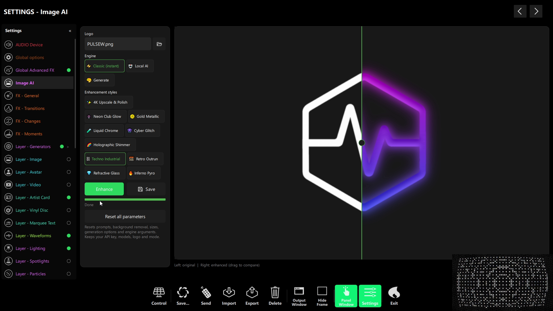 Image AI window in DjMirror Pulse — before and after of a logo restyled with the Cyber Glitch enhancement