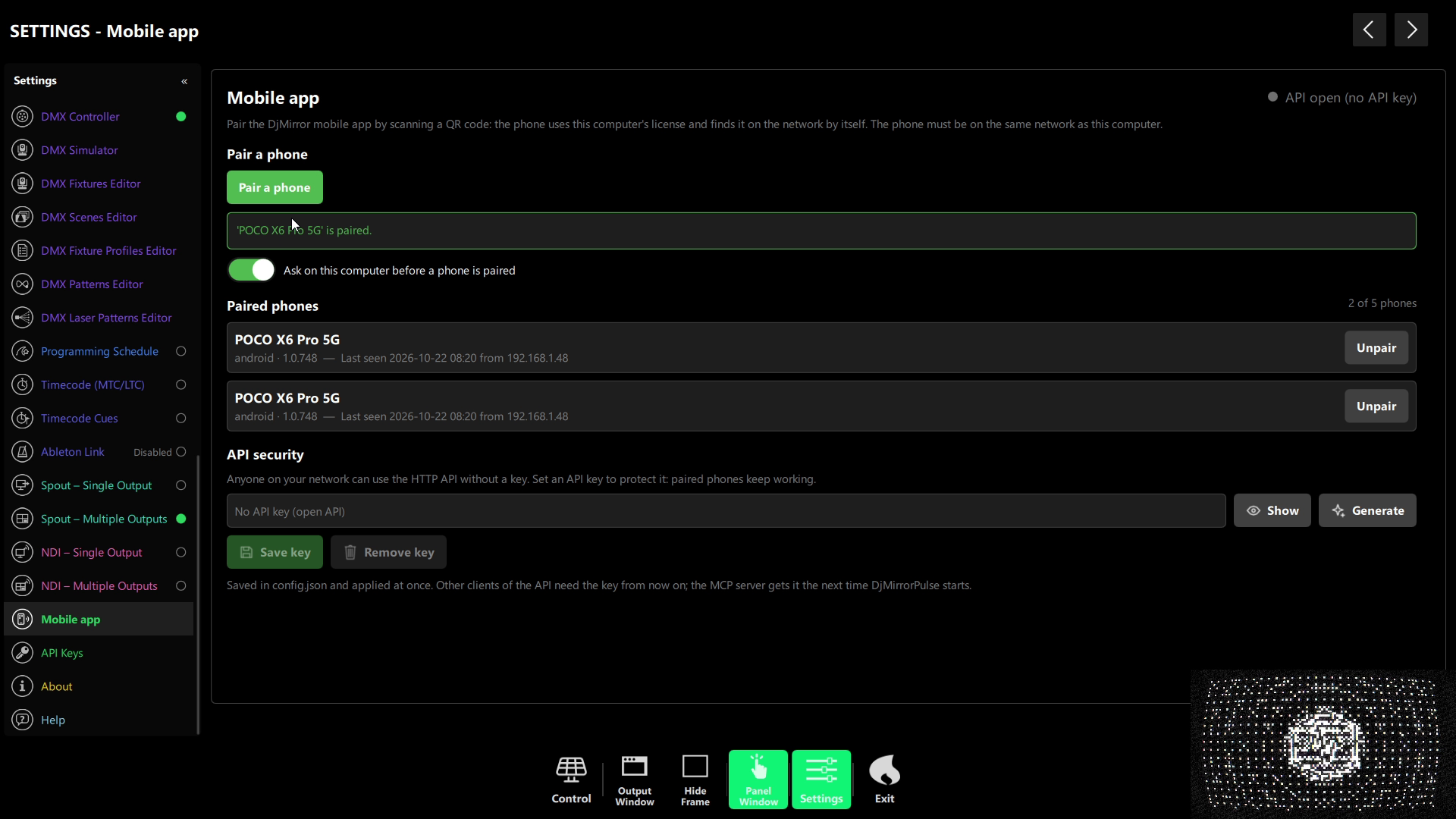 Paired phones list in DjMirror Pulse with an Unpair button for each Android device