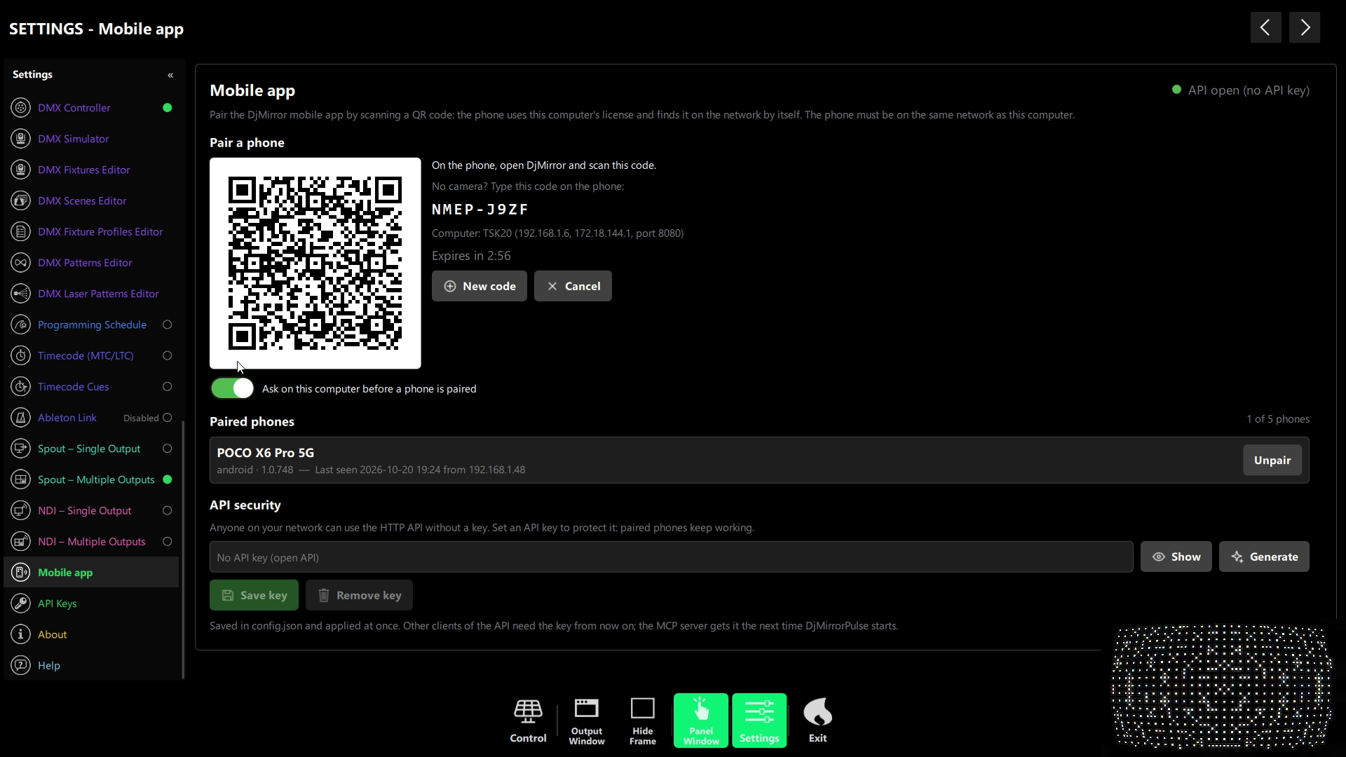 Mobile app pairing in DjMirror Pulse — scan a one-use QR code, manage paired phones and set an API key