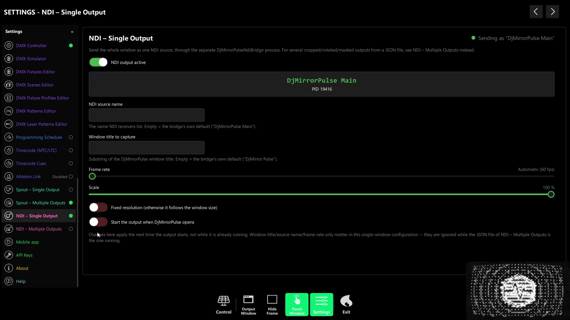 NDI Single Output panel in DjMirror Pulse with the new unified theme and full-width sliders